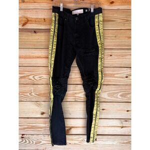 Maison Noir Mens Black Jeans Yellow Stripe Accent Distressed Size 32